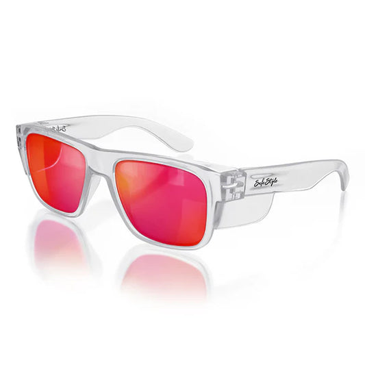 SAFESTYLE FUSIONS CLEAR FRAME MIRRORS RED POLARISED UV400 LENS