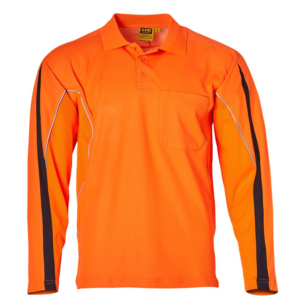 AIW MENS TRUEDRY L/S HI - VIS POLO - ORANGE / NAVY - The Work Pit