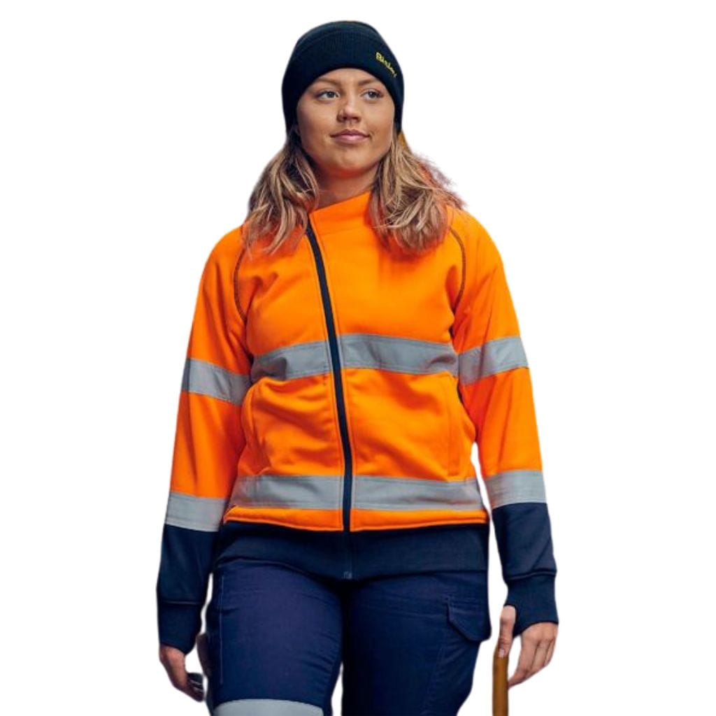 BISLEY WOMENS TAPED HI VIS FLEECE ZIP FRONT HOODIE WITH SHERPA LINING ORANGE - The Work Pit