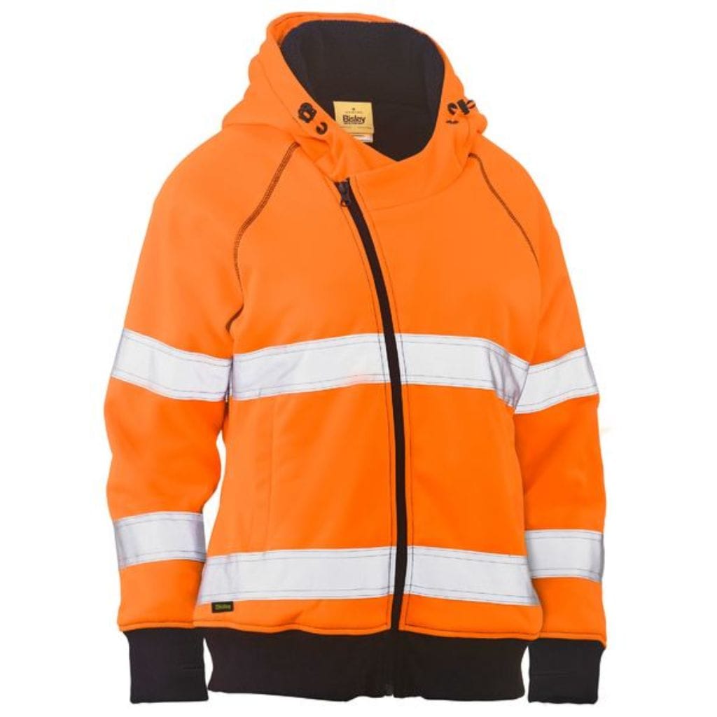 BISLEY WOMENS TAPED HI VIS FLEECE ZIP FRONT HOODIE WITH SHERPA LINING ORANGE - The Work Pit