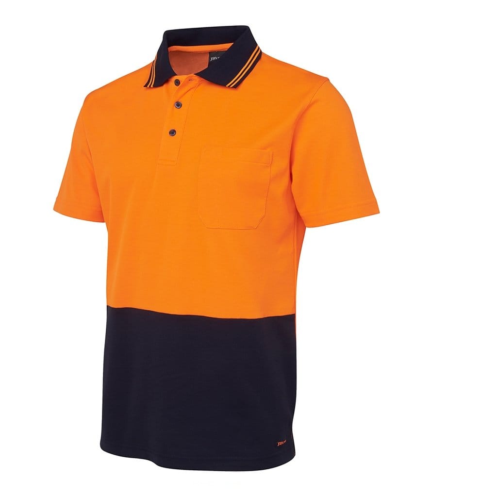 JB WEAR HI VIS NON CUFF S/S COTTON BACK POLO ORANGE/NAVY - The Work Pit