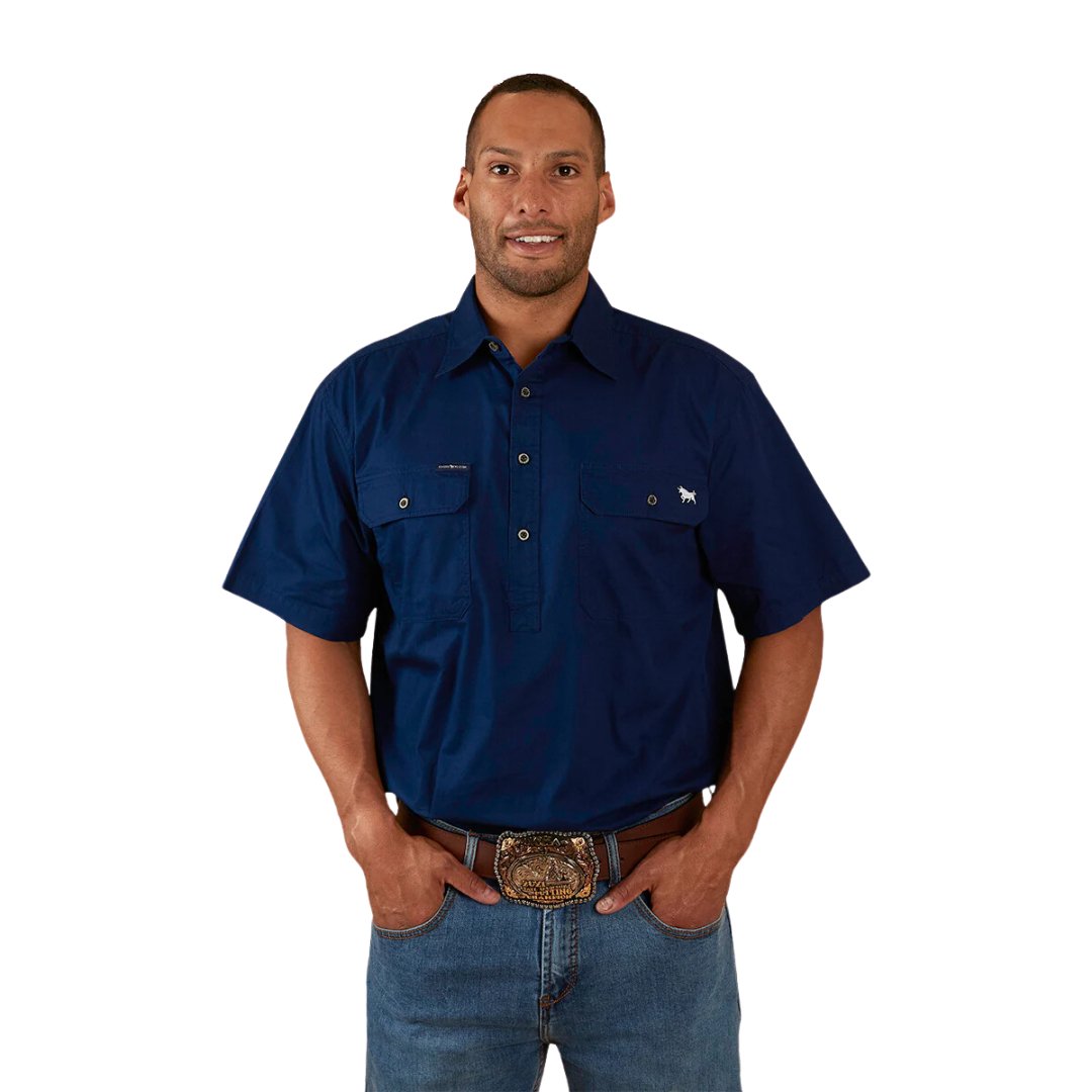 PACK SADDLE MENS SHORT SLEEVE HALF BUTTON WORK SHIRT - NAVY - The Work Pit