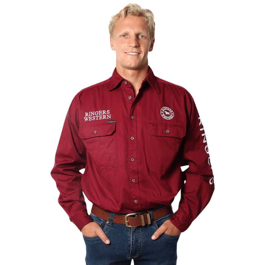 RINGERS WESTERN HAWKEYE MENS FULL BUTTON WORK SHIRT - BURGUNDY - The Work Pit