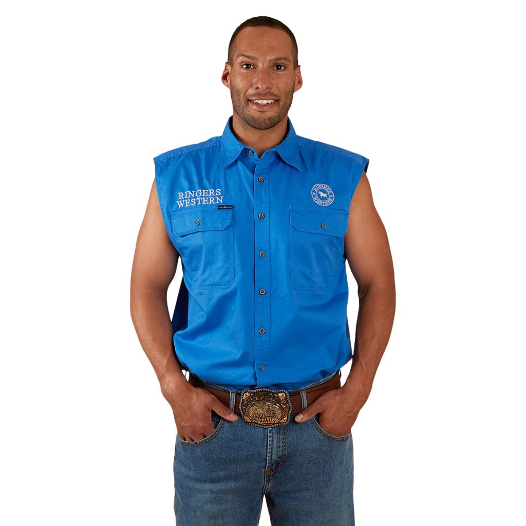 RINGERS WESTERN HAWKEYE MENS SLEEVELESS WORK SHIRT BLUE/WHITE - The Work Pit