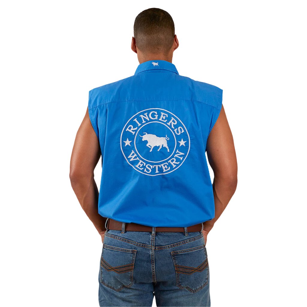 RINGERS WESTERN HAWKEYE MENS SLEEVELESS WORK SHIRT BLUE/WHITE - The Work Pit