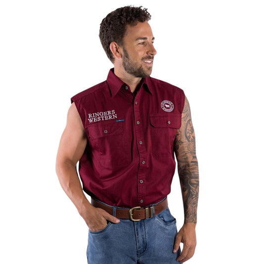 RINGERS WESTERN HAWKEYE MENS SLEEVELESS WORK SHIRT - BURGUNDY / WHITE - The Work Pit