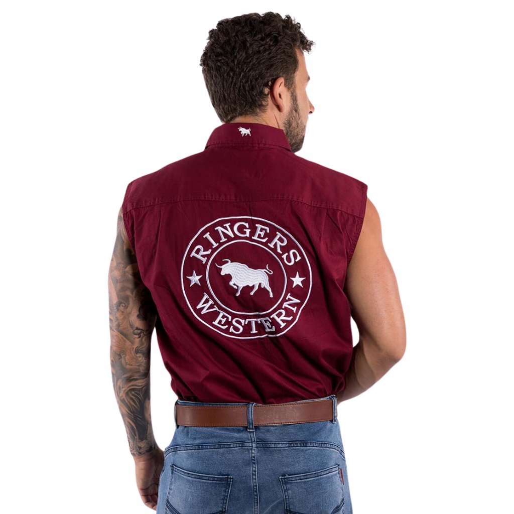 RINGERS WESTERN HAWKEYE MENS SLEEVELESS WORK SHIRT - BURGUNDY / WHITE - The Work Pit