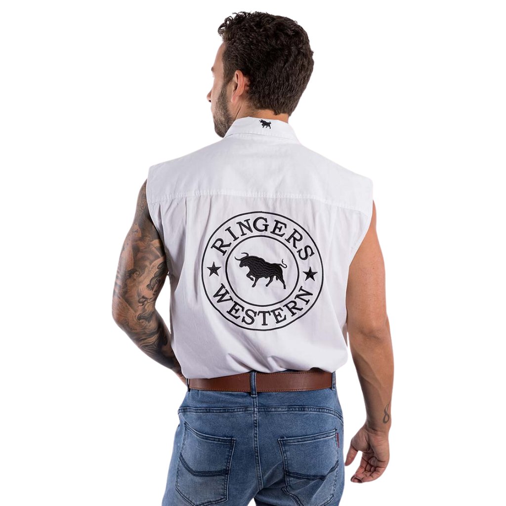 RINGERS WESTERN HAWKEYE MENS SLEEVELESS WORK SHIRT - WHITE / BLACK - The Work Pit