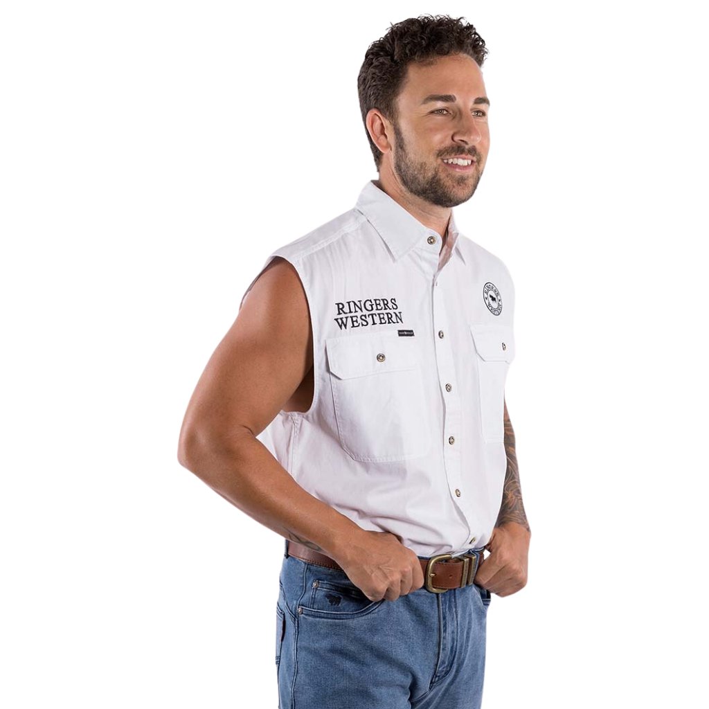 RINGERS WESTERN HAWKEYE MENS SLEEVELESS WORK SHIRT - WHITE / BLACK - The Work Pit