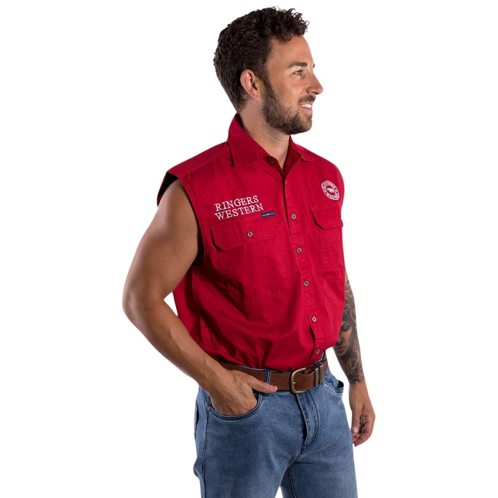 RINGERS WESTERN HAWKEYE MENS SLEEVELESS WORKSHIRT - DARK RED WHITE - The Work Pit