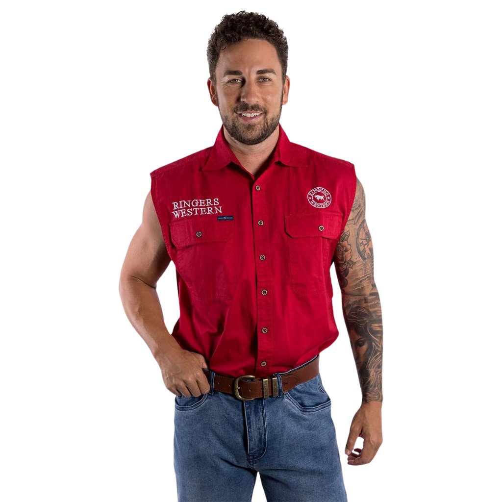 RINGERS WESTERN HAWKEYE MENS SLEEVELESS WORKSHIRT - DARK RED WHITE - The Work Pit