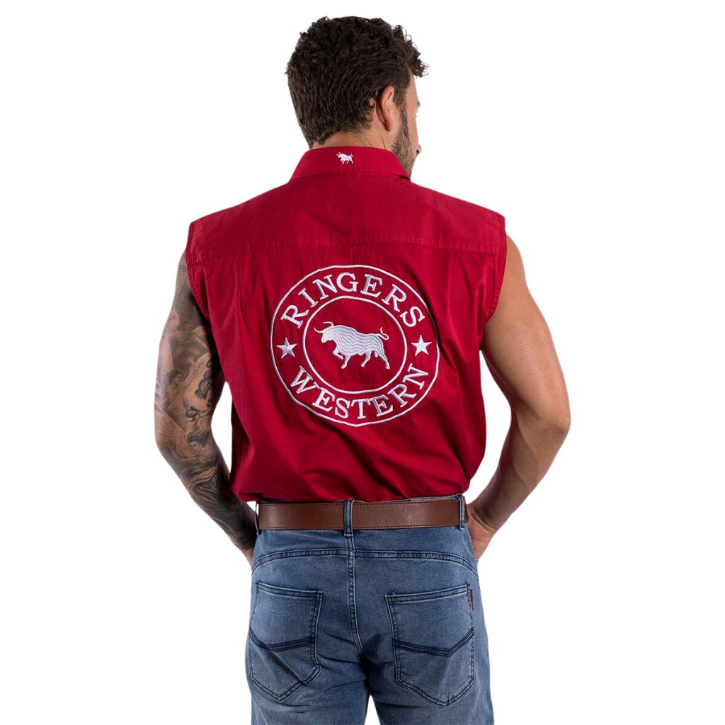 RINGERS WESTERN HAWKEYE MENS SLEEVELESS WORKSHIRT - DARK RED WHITE - The Work Pit