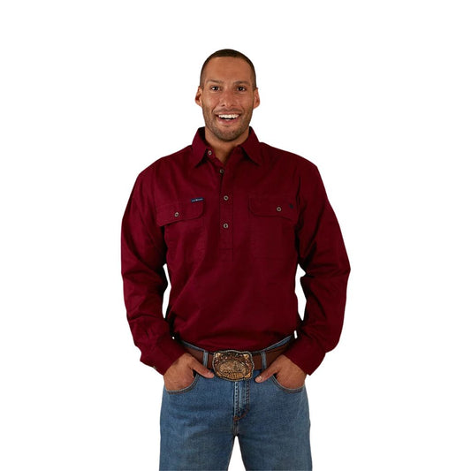 RINGERS WESTERN MENS KING RIVER HALF BUTTON WORK SHIRT BURGUNDY - The Work Pit