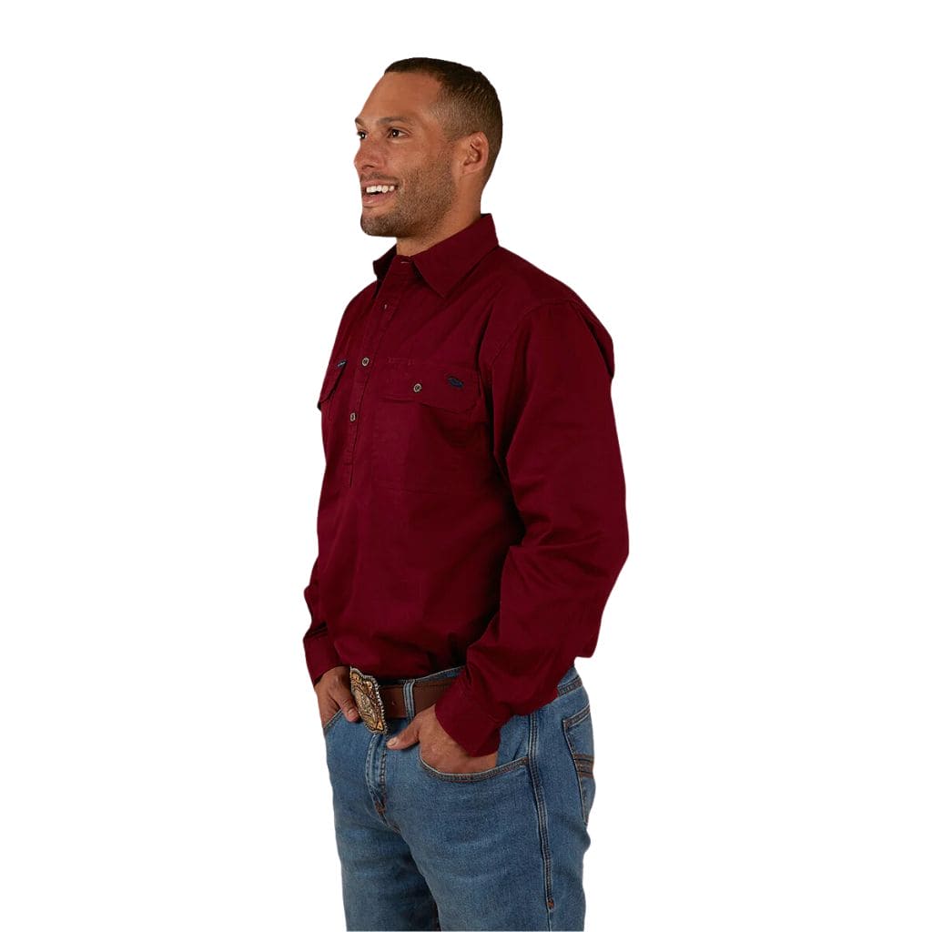 RINGERS WESTERN MENS KING RIVER HALF BUTTON WORK SHIRT BURGUNDY - The Work Pit