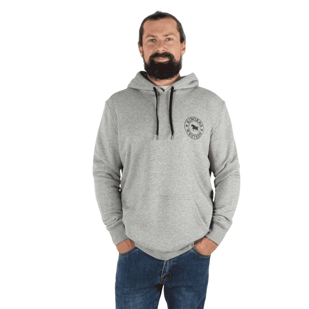 RINGERS WESTERN MENS SIGNATURE BULL PULLOVER HOODIE GREY MARLE / BLACK - The Work Pit