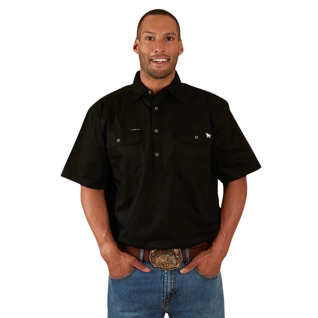 RINGERS WESTERN PACK SADDLE MENS SHORT SLEEVE HALF BUTTON WORK SHIRT - BLACK - The Work Pit