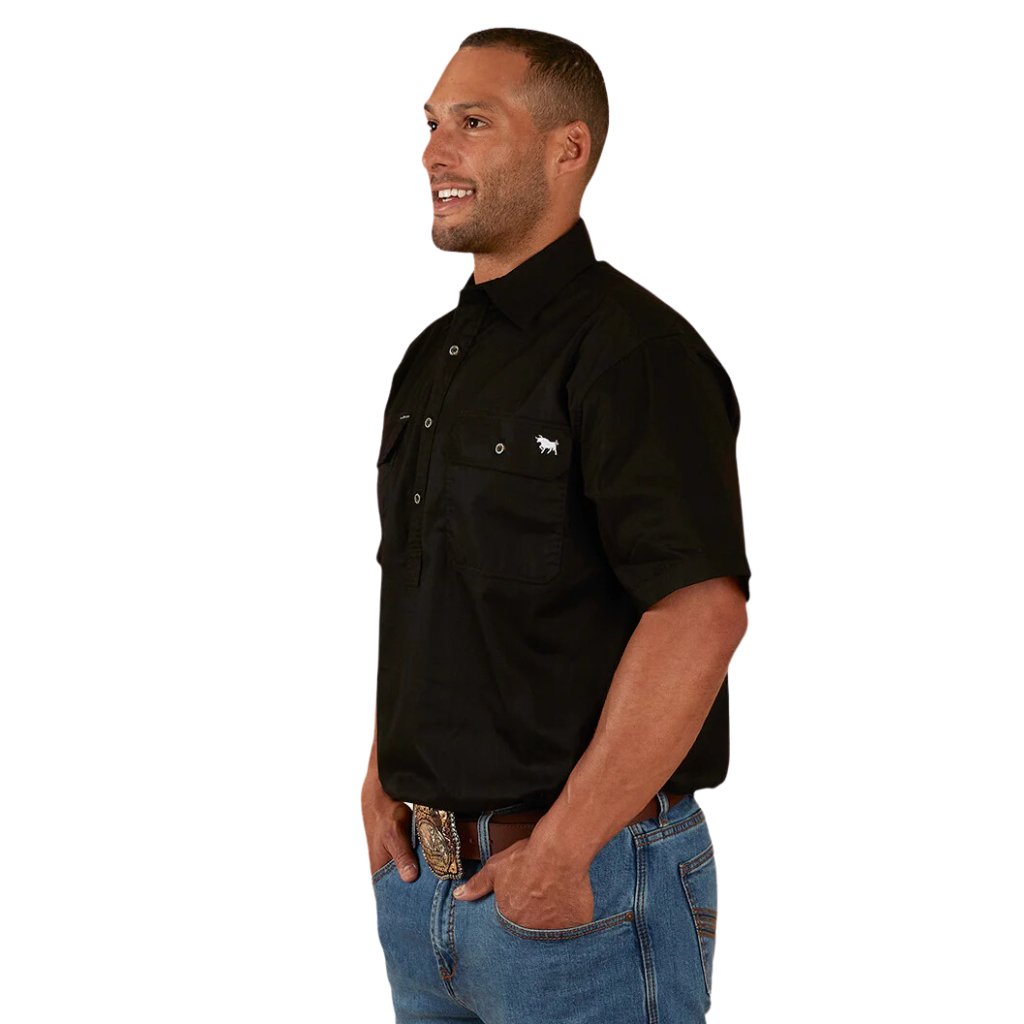 RINGERS WESTERN PACK SADDLE MENS SHORT SLEEVE HALF BUTTON WORK SHIRT - BLACK - The Work Pit