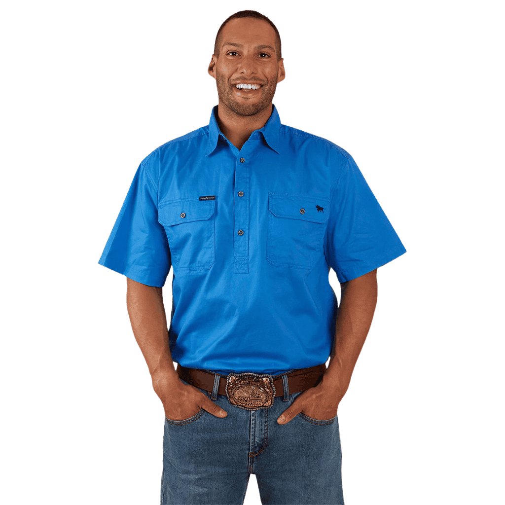 RINGERS WESTERN PACK SADDLE MENS SHORT SLEEVE HALF BUTTON WORK SHIRT - BLUE - The Work Pit