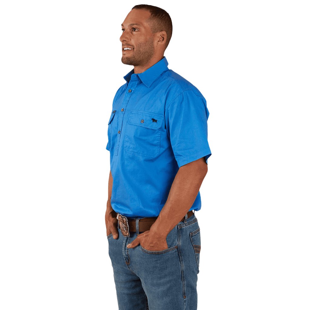 RINGERS WESTERN PACK SADDLE MENS SHORT SLEEVE HALF BUTTON WORK SHIRT - BLUE - The Work Pit