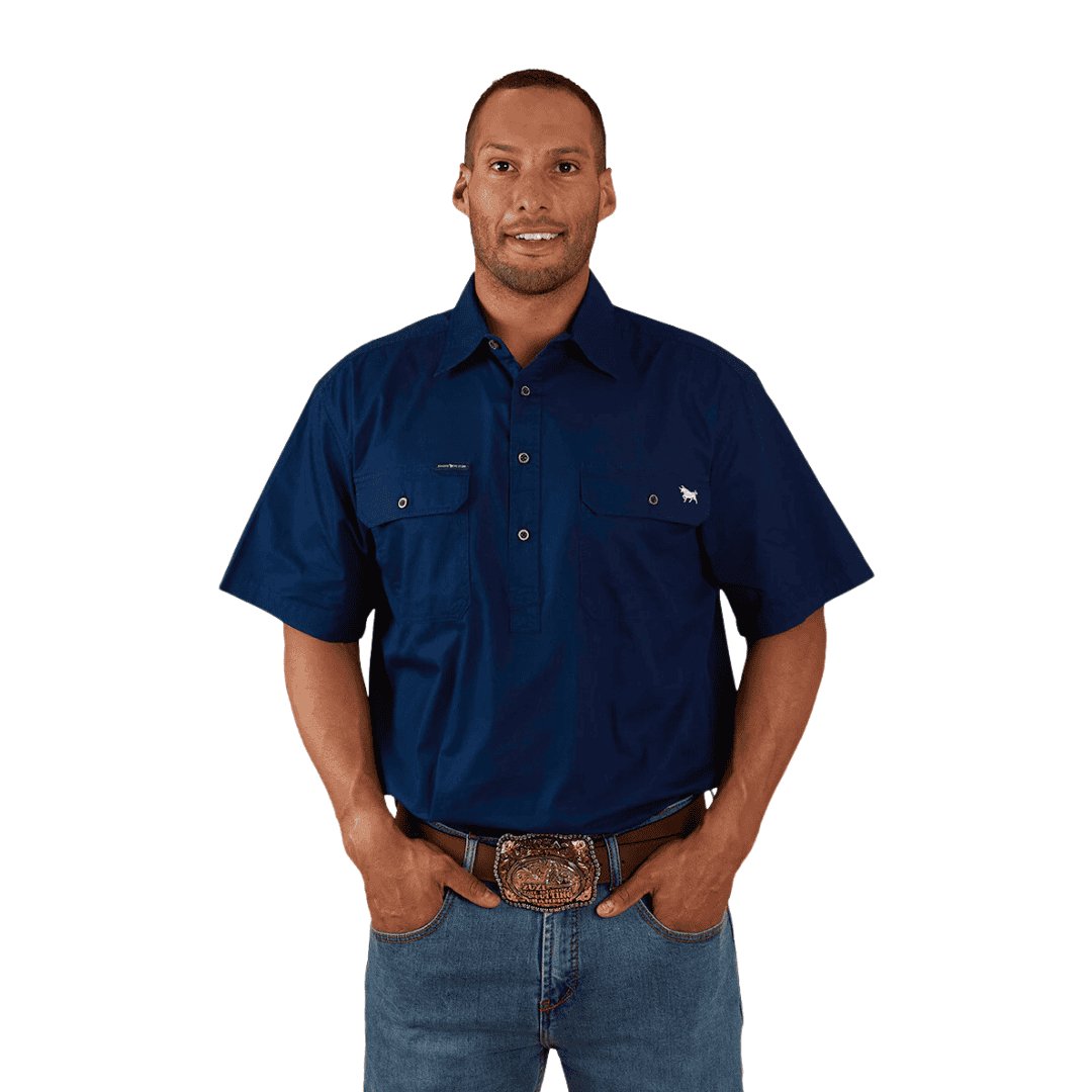 RINGERS WESTERN PACK SADDLE MENS SHORT SLEEVE HALF BUTTON WORK SHIRT NAVY - The Work Pit