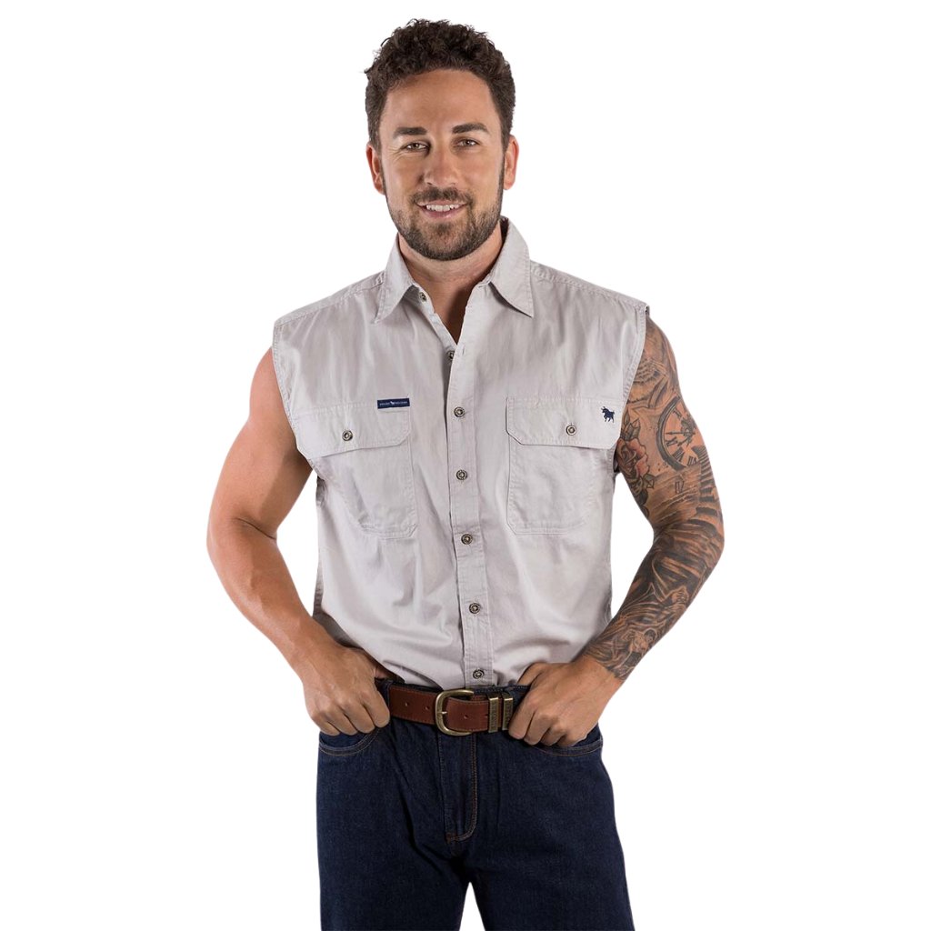 RINGERS WESTERN ROB ROY MENS SLEEVELESS FULL BUTTON WORK SHIRT BEIGE - The Work Pit