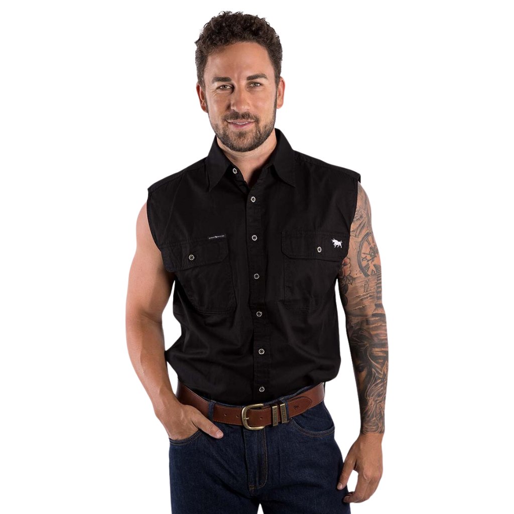 RINGERS WESTERN ROB ROY MENS SLEEVELESS FULL BUTTON WORK SHIRT - BLACK - The Work Pit