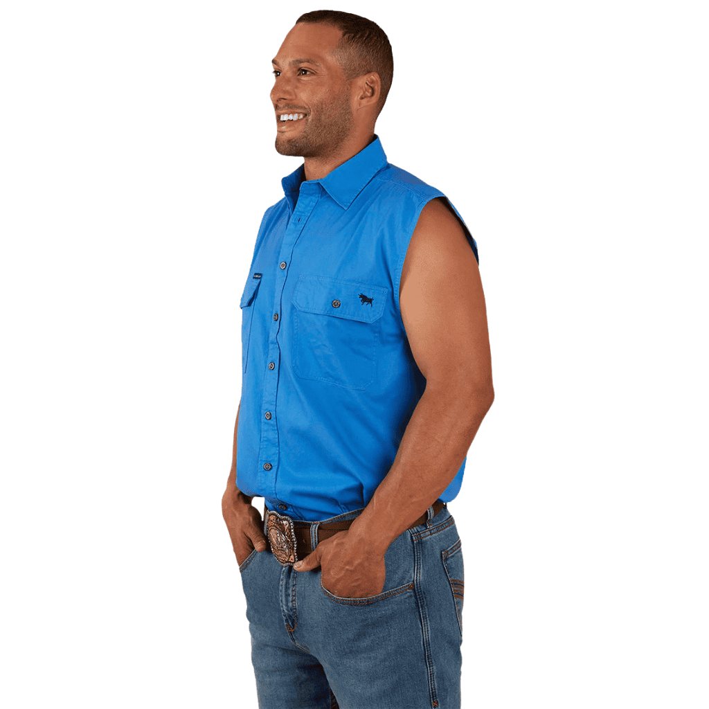 RINGERS WESTERN ROB ROY MENS SLEEVELESS FULL BUTTON WORK SHIRT - BLUE - The Work Pit