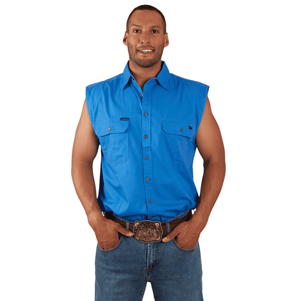 RINGERS WESTERN ROB ROY MENS SLEEVELESS FULL BUTTON WORK SHIRT - BLUE - The Work Pit