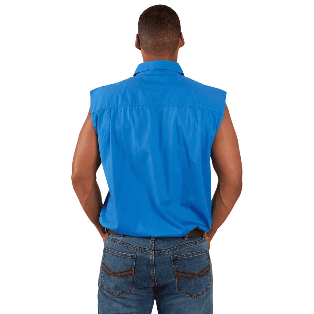 RINGERS WESTERN ROB ROY MENS SLEEVELESS FULL BUTTON WORK SHIRT - BLUE - The Work Pit