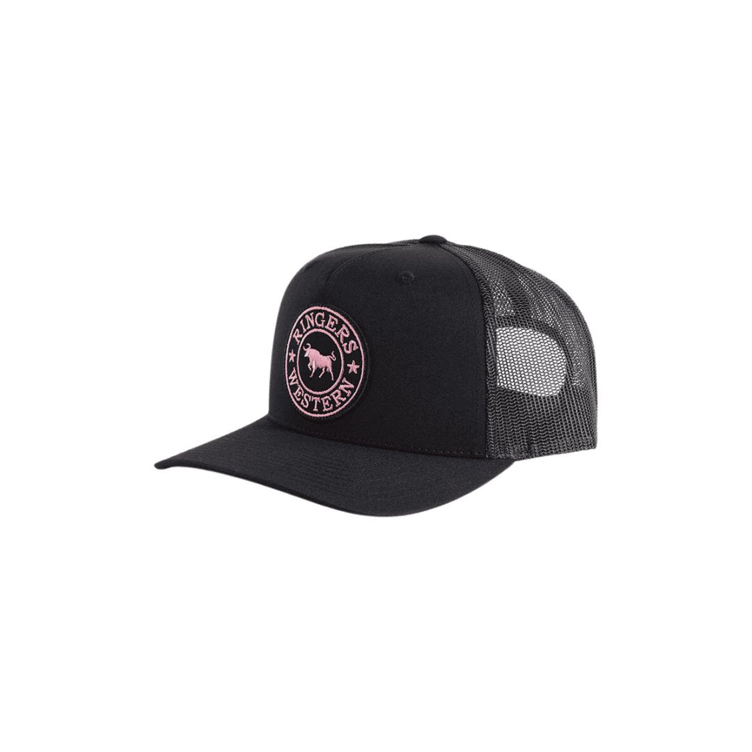 RINGERS WESTERN SIGNATURE BULL TRUCKER CAP BLACK / BLACK / PINK PATCH - The Work Pit