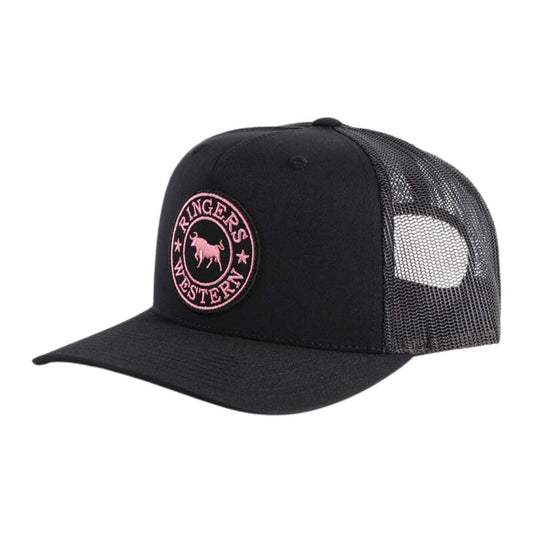 RINGERS WESTERN SIGNATURE BULL TRUCKER CAP - BLACK WITH BLACK & PINK PATCH - The Work Pit