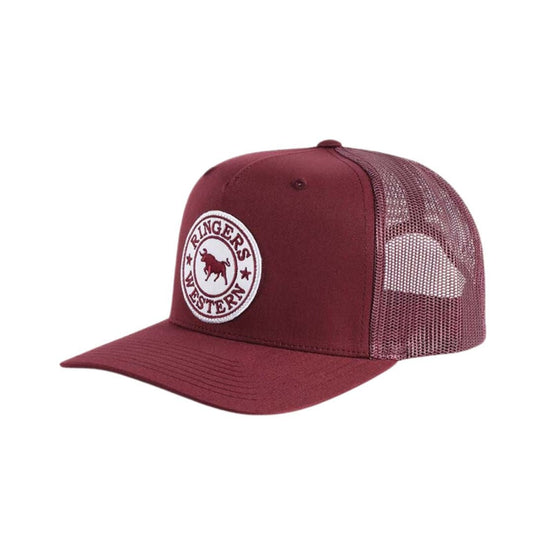 RINGERS WESTERN SIGNATURE BULL TRUCKER CAP - BURGUNDY WITH BURGUNDY & WHITE PATCH - The Work Pit