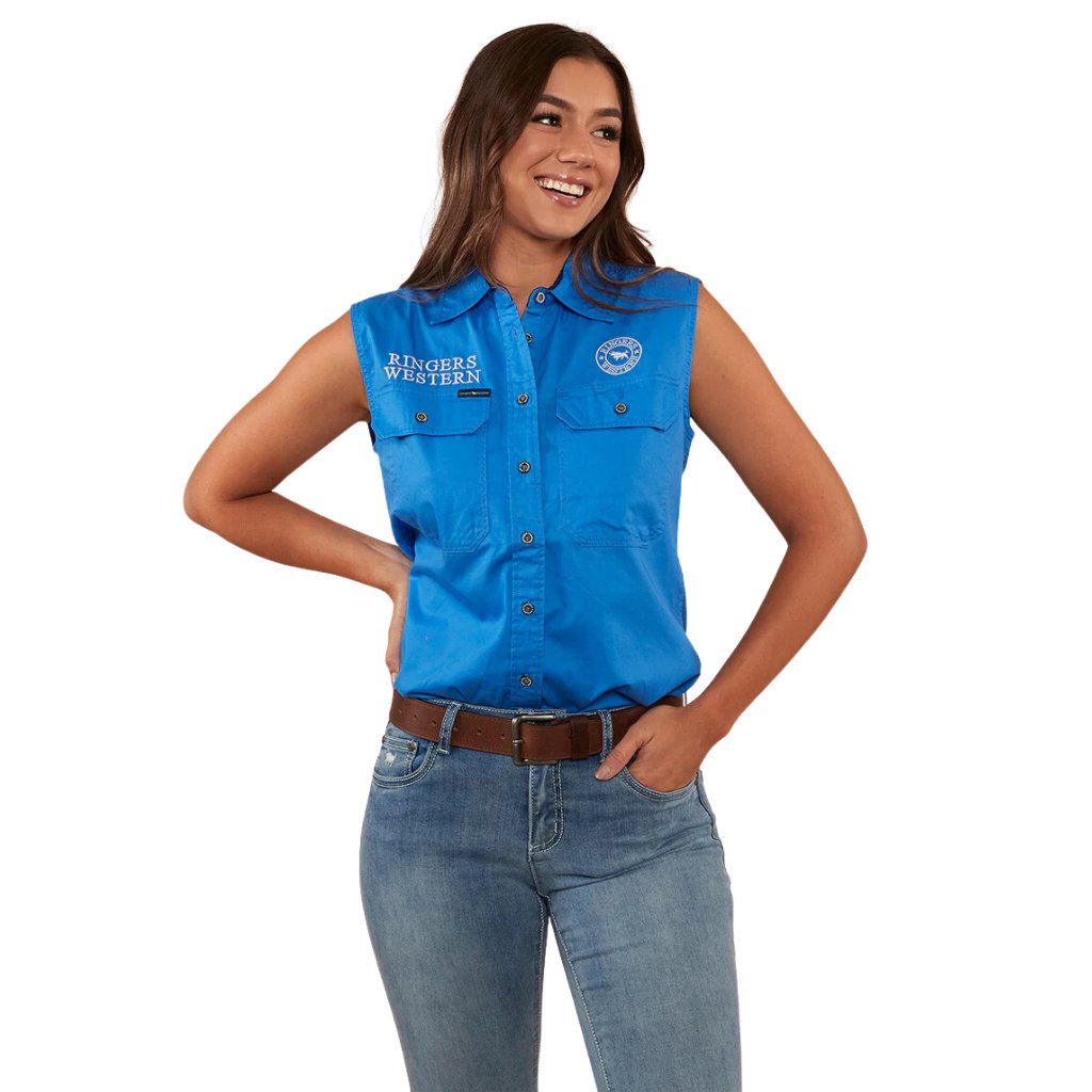 RINGERS WESTERN SIGNATURE JILLAROO WOMENS SLEEVELESS WORK SHIRT BLUE/WHITE - The Work Pit