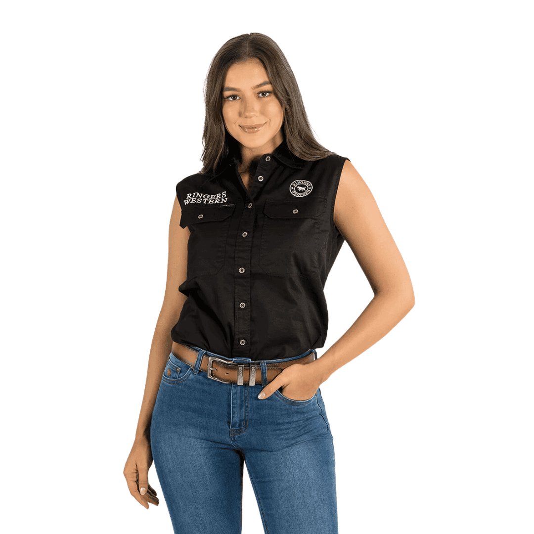 RINGERS WESTERN SIGNATURE JILLAROO WOMENS SLEEVELESS WORKSHIRT BLACK/WHITE - The Work Pit