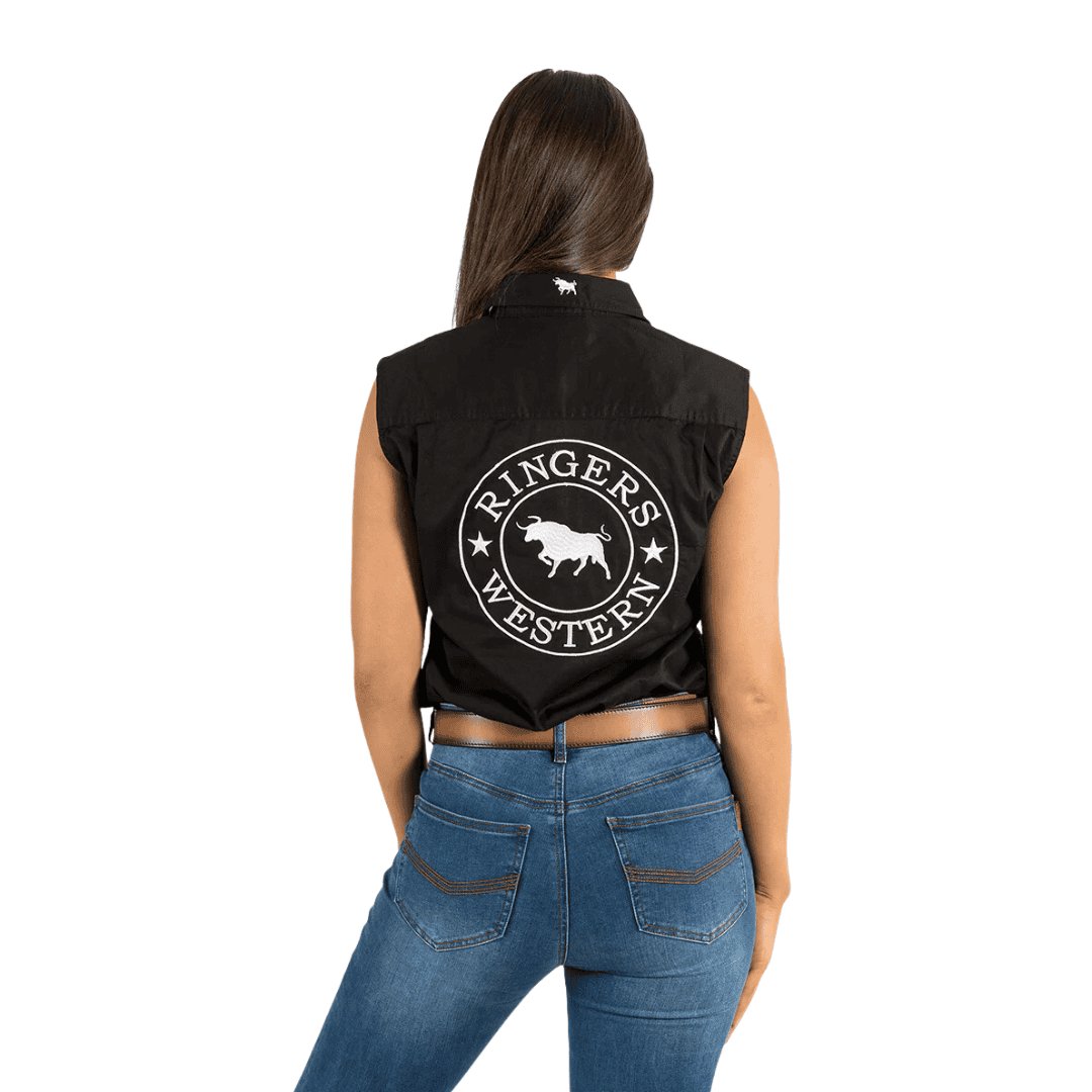 RINGERS WESTERN SIGNATURE JILLAROO WOMENS SLEEVELESS WORKSHIRT BLACK/WHITE - The Work Pit