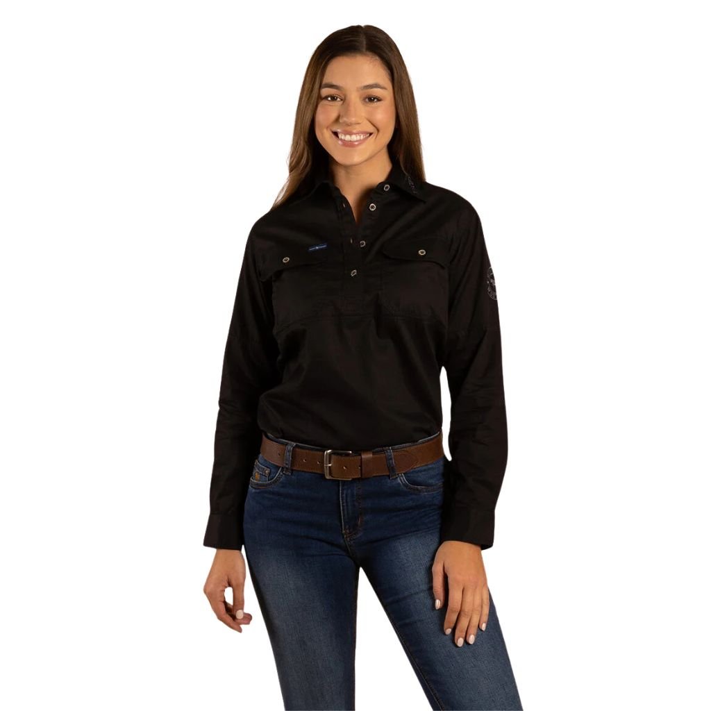 RINGERS WESTERN WOMENS DELTA HALF BUTTON WORK SHIRT BLACK - The Work Pit