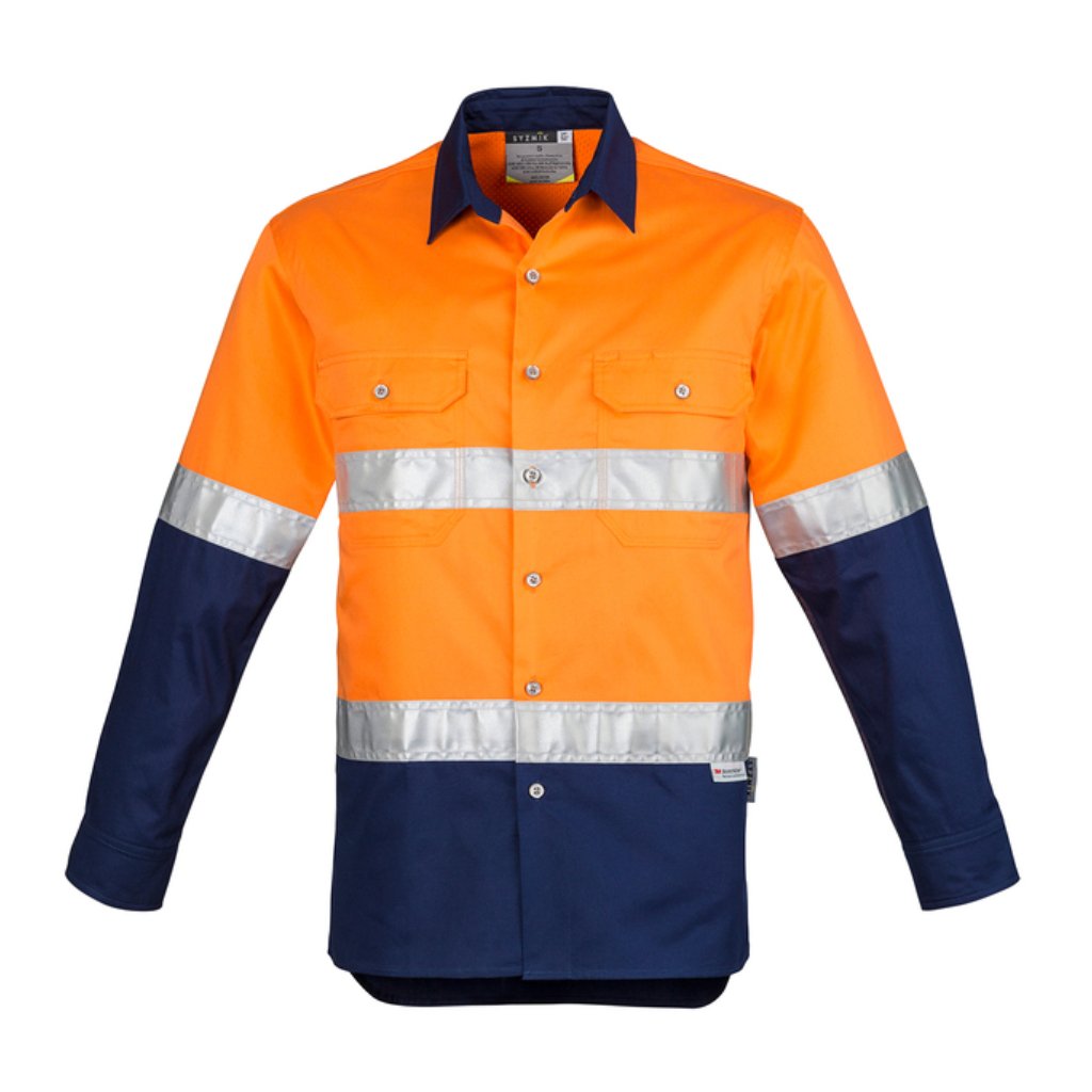 SYZMIK MENS INDUSTRIAL LONG SLEEVE SHIRT HOOP TAPED - ORANGE/NAVY - The Work Pit