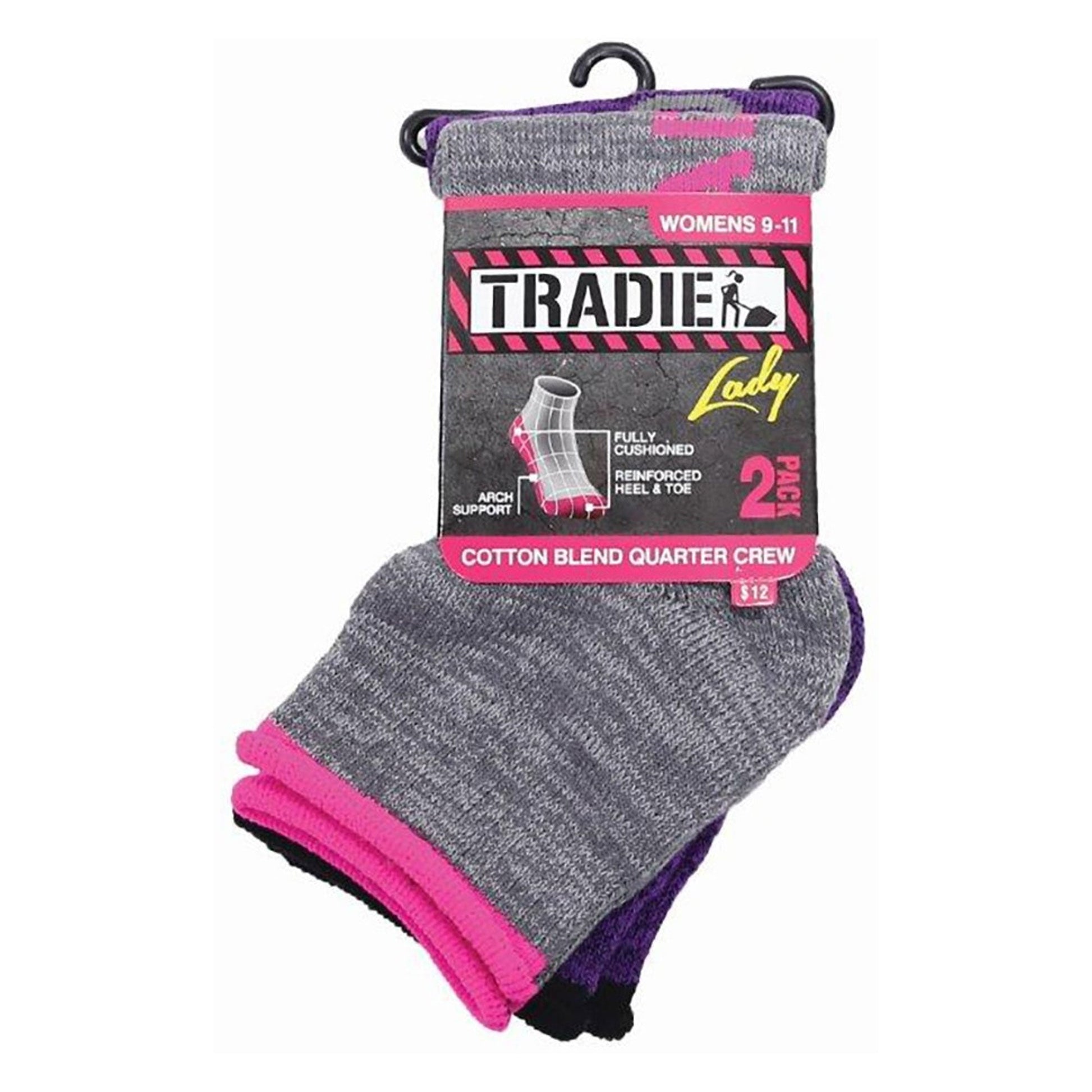 TRADIE LADY 2PCK QRT CREW SOCKS PINK - The Work Pit