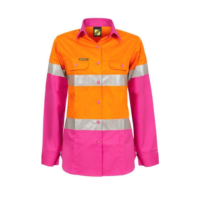 WORKCRAFT LADIES LIGHTWEIGHT HI VIS TWO TONE LONG SLEEVE SHIRT REFLECTIVE TAPE - PINK/ORANGE - The Work Pit